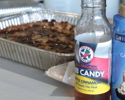 Apple Cinnamon rib candy in front of a chocolate dessert