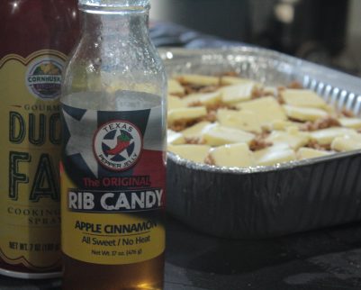 duck fat spray and apple cinnamon rib candy in front of dessert tray